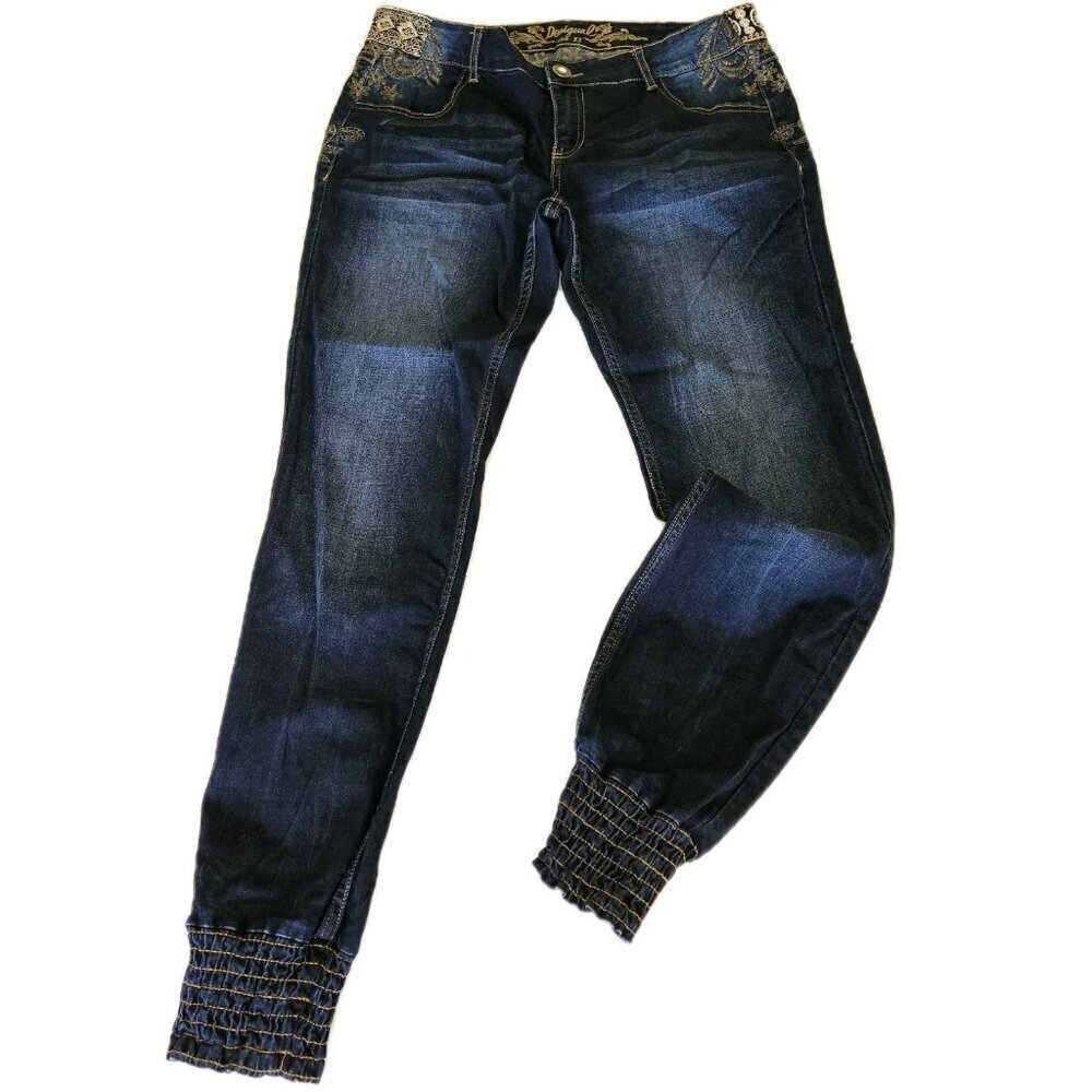 Desigual Jean Jogger Womens M Blue Embellished Embroidered Zip Fly Boho Whimsy